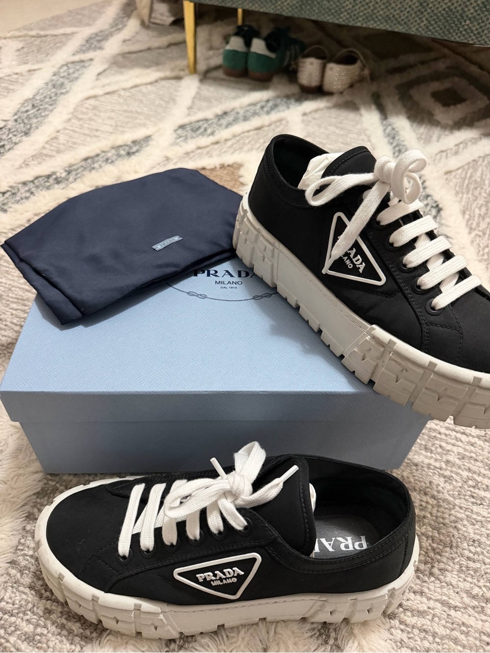 Prada Double Wheel Re-nylon Gabardine Women Sneakers - Black/white - Picture 2 of 16